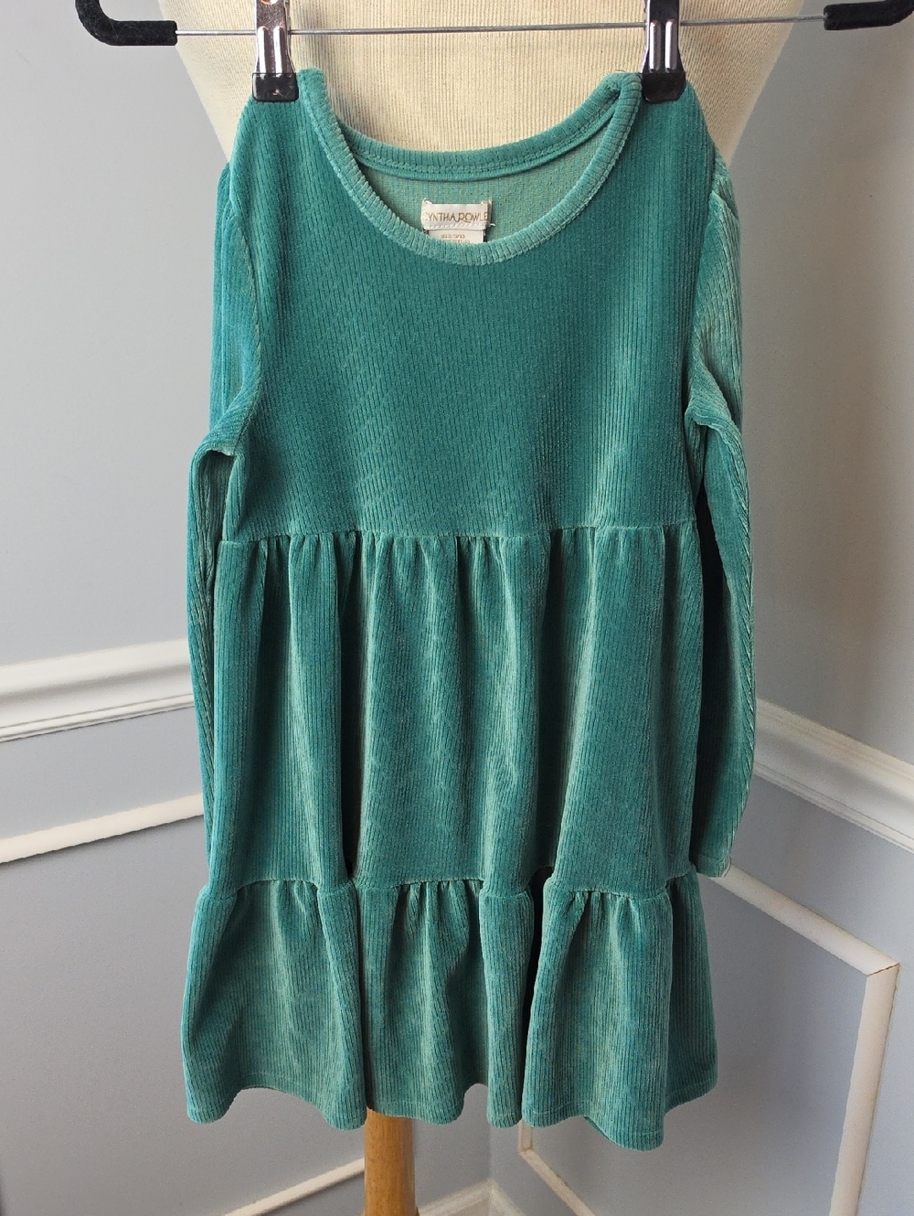 CYNTHIA ROWLEY Girl's Green Ribbed Tiered Long Sleeve Holiday Party Dress S 5/6